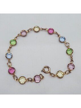Multi-Color Crystal Bezel Bracelet Gold Tone Chain Spring Ring Clasp